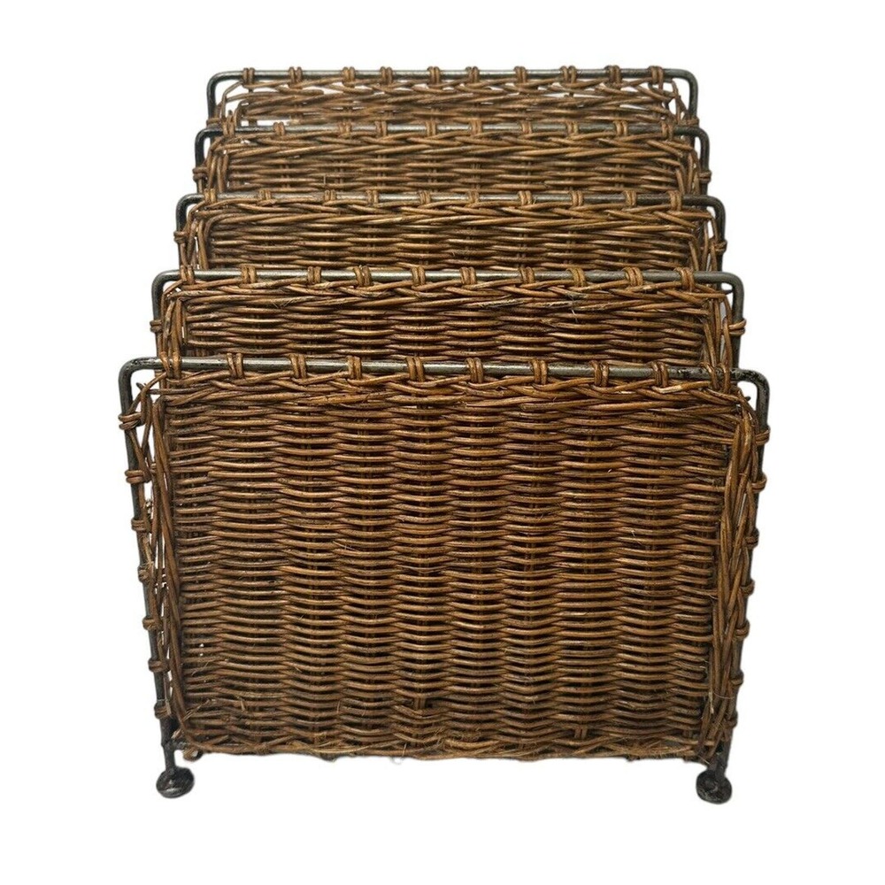 Vtg Desktop Hand Woven Wicker Metal Vinyl Magazine Rack Bill Holder Tiered MCM